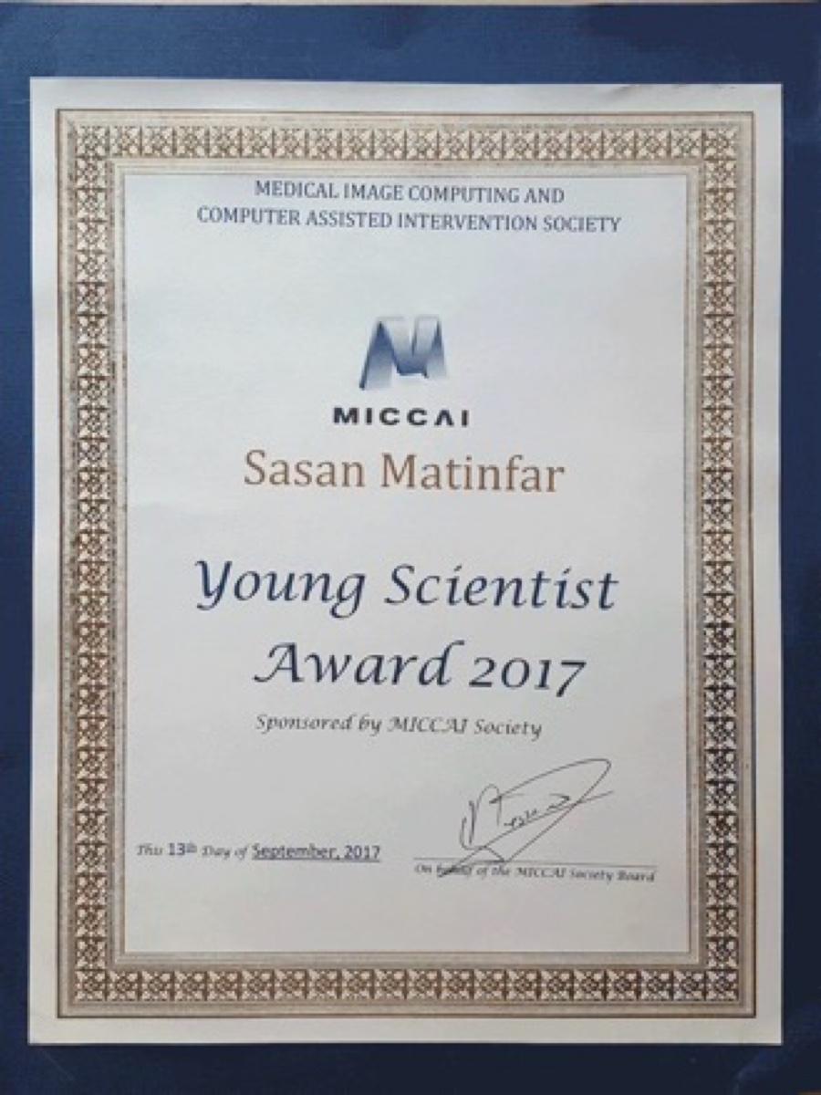 Sasan Matinfar’s MICCAI Young Scientist Award certificate, 2017